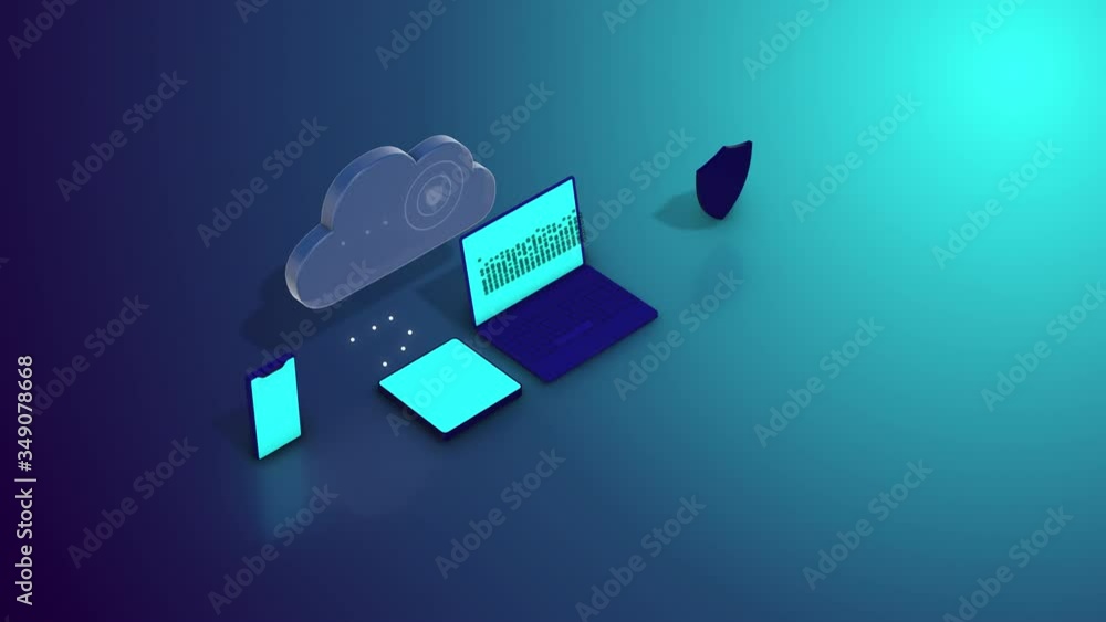 Poster cloud computing concept. interactive connection of gadgets to cloud storaging data.