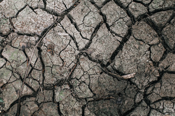 Dry land soil or cracked ground texture and parched dirt in Thailand.Mosaic pattern of sunny dried earth soil.Desert,Global warming made climate change effect background.Water shortage and drought.