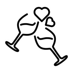 Two glasses toasting with floating hearts on a romantic date. Vector icon illustration for valentine's day, love, romance, dating, wedding, honeymoon