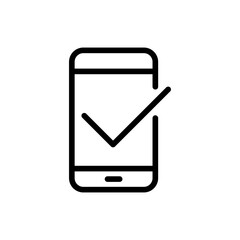 Smartphone icon vector icon in line art style on white background, Cellphone, handphone icon with check sign, Smartphone icon and approved, confirm, done, tick, completed symbol