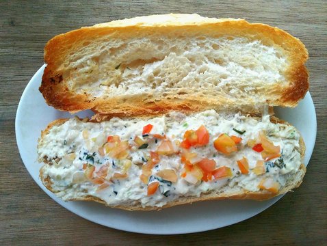 Directly Above View Of Sandwich Served In Plate On Table