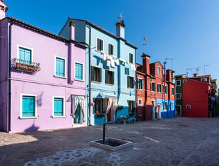 Panoramic view of houses of Burano town in Venice, Italy.