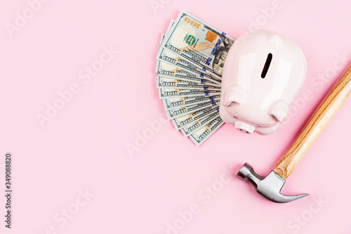 Download Piggy Bank And Cash Money One Hundred Dollars Bills On Pink Background Flat Lay Top View Overhead Mockup Template Wall Mural Alina Buzunova