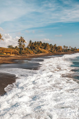 stormy waves roll and break on a sandy beach on a tropical island with palm trees