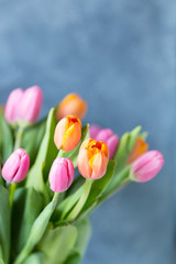 Close up of fresh bouquet bunch of pink rose orange tulips in vase. Copy space. Floral background. Postcard. Selective focus. Free space.