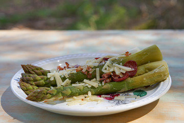 Boiled fresh green asparagus sprinkled with mature italian cheese and roasted spicy sausage and served on the vintage porcelain plate outdoor on rustic wooden table in the garden restaurant.