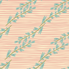 Abstract leaf branch seamless pattern on stripes. Vintage floral background. Design for fabric, textile print, wrapping, kitchen textile.