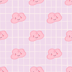 Pink cloud sky seamless pattern. Doodle character sleeping cloudy wallpaper.
