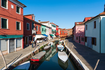 Panoramic view of Burano channel and colorful houses, in Venice, Italy.