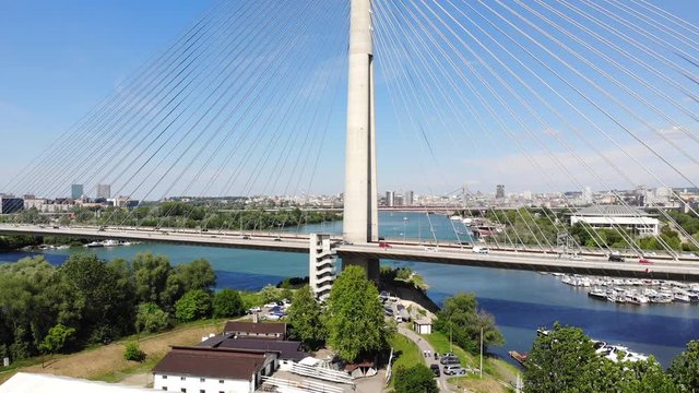 Drone video of Ada bridge over the river Sava in Belgrade, Serbia