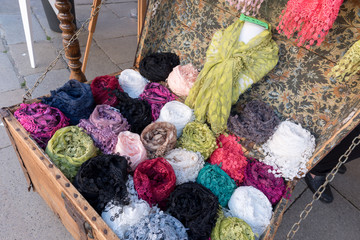 Sample of lace scarves  in a store in Burano, Italy
