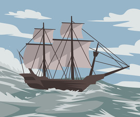 old ship vessel caravel sailing on sea