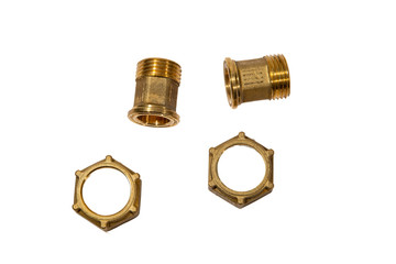 threaded bronze couplings and nuts on a white background
