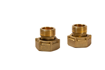 threaded bronze couplings and nuts on a white background