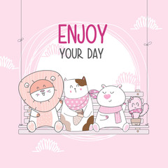 Happy cute animals happy on the swing illustration for kids