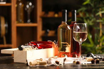 Composition with tasty wine on table