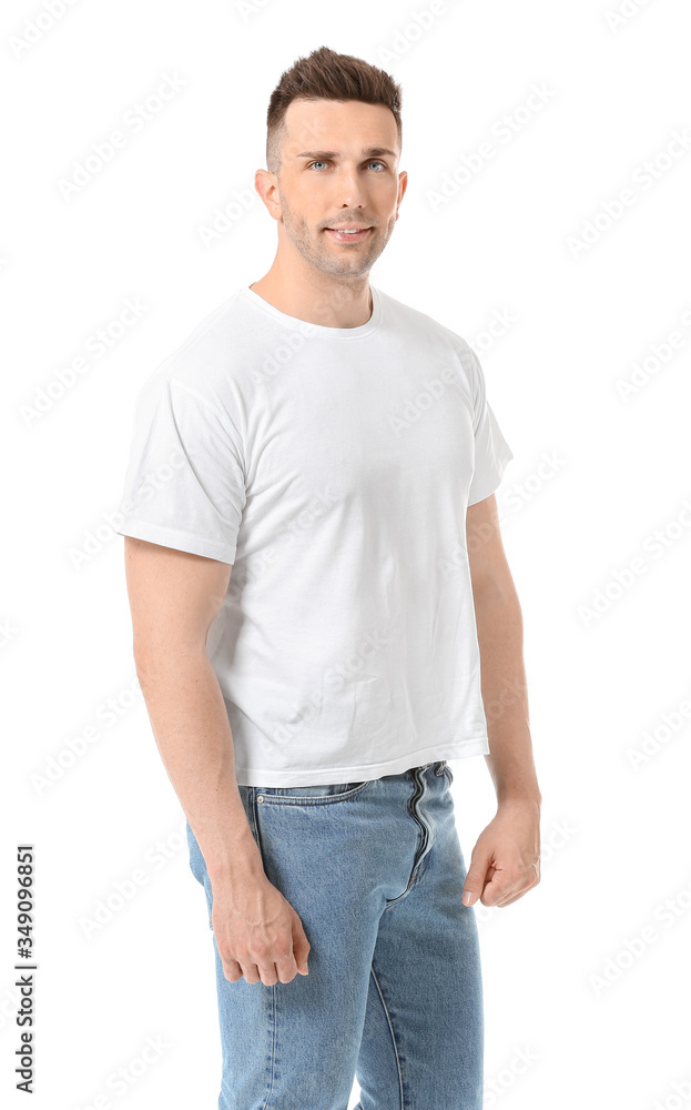 Wall mural man in stylish t-shirt on white background