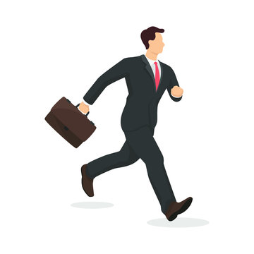 Running businessman with briefcase in modern style vector illustration, business person simple flat shadow isolated on white background.