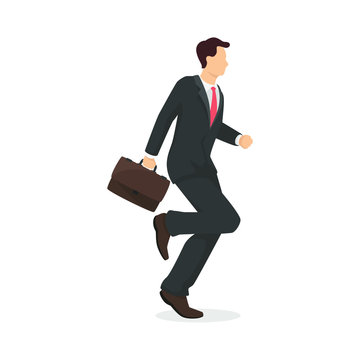 Running businessman with briefcase in modern style vector illustration, business person simple flat shadow isolated on white background.