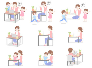 在宅ワークをする親子