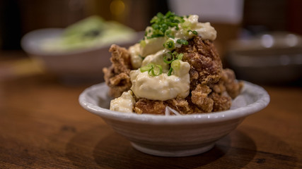 Chicken Karaage with mayonnaise is a Japanese cooking technique of deep fried.