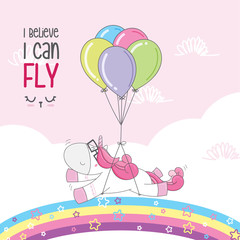 Cute animal unicorn happy flying with colored balloons illustration for kids