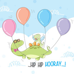 Cute animal dino happy flying with colored balloons illustration for kids