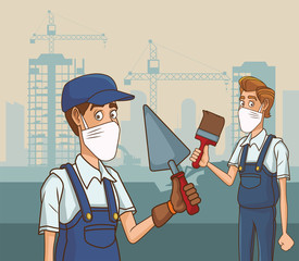builders couple using face mask for covid19