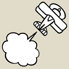 An airplane that flies while producing gas. The shape of the gas is speech balloon. Simple and rough line.