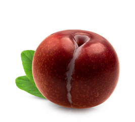 red cherry plum with green leaves isolated on white background