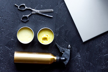 hairdresser working desk preparation for cutting hair top view