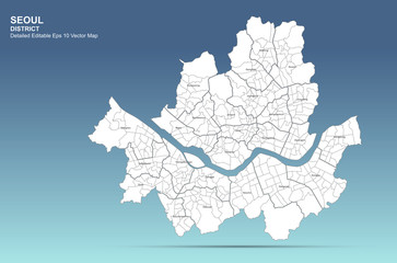 Seoul district detailed vector map. vector map of seoul city, south korea. hi quality seoul boundary.