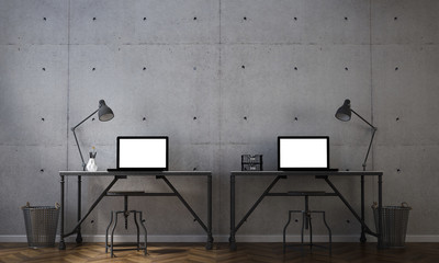 The social distrancing work station and work from home interior space design and concrete wall background