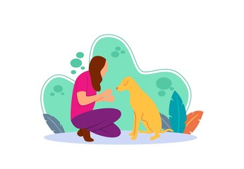 Flat illustration of a girl sitting happily playing with her dog. cartoon character with the concept of friendship with a dog. Have free time when quarantine with a flat cartoon style.