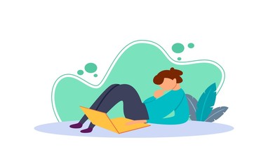 Flat illustration of a lying girl who reads news from the internet using a netbook. Flat style cartoon character with the concept of people reading the news at home.