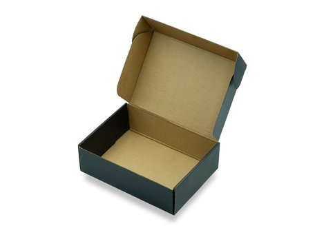Close-up of open empty black cardboard box, inside brown on white background with clipping path. Mockup design, carton box product for packaging shipping and storage. Paper corrugated can use recycle.