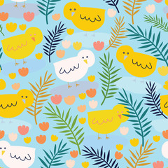 Light blue with cute whimsical Easter baby chicks seamless pattern background design.