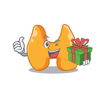 joyful thyroid cartoon character with a big gift box