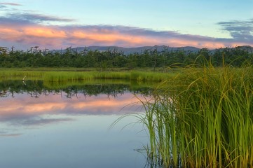 Idyllic sunrise on the taiga river. Tatar strait coast. Khabarovsk Krai, far East, Russia.