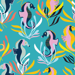 Light blue with an underwater scene with seahorses seamless pattern background design.