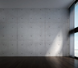 Modern cozy and white living room space design interior and concrete wll background 