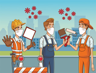 group of builders using face mask for covid19
