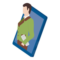Business video call. Businessman in suit with newspaper on mobile phone screen. Work from home. Virtual conversation online. Working conference. Vector illustration isolated on a white background.