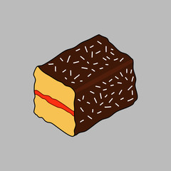 Illustration of lamington, a cake covered with chocolate and coconut.