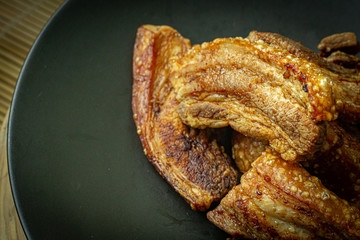 crispy pork belly flat lay image for food content.