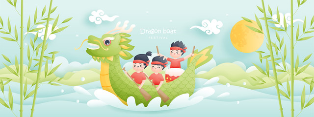 Chinese Dragon boat festival with boys paddle competition and dragon boat, cute character design vector illustration.