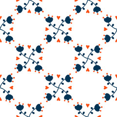 Abstract floral seamless pattern on white background.Scandinavian and folk design.vector illustration with dark blue and red flowers.Flat style. Design of fabric, packaging and branding.minimalism.