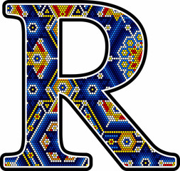 initial capital letter R with colorful dots. Abstract design inspired in mexican huichol craft art style. Isolated on white background