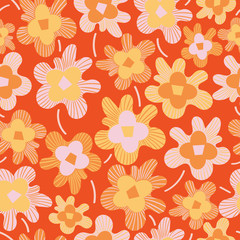 Red with whimsical flower elements seamless pattern background design.