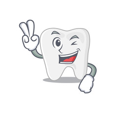 Happy tooth cartoon design concept show two fingers